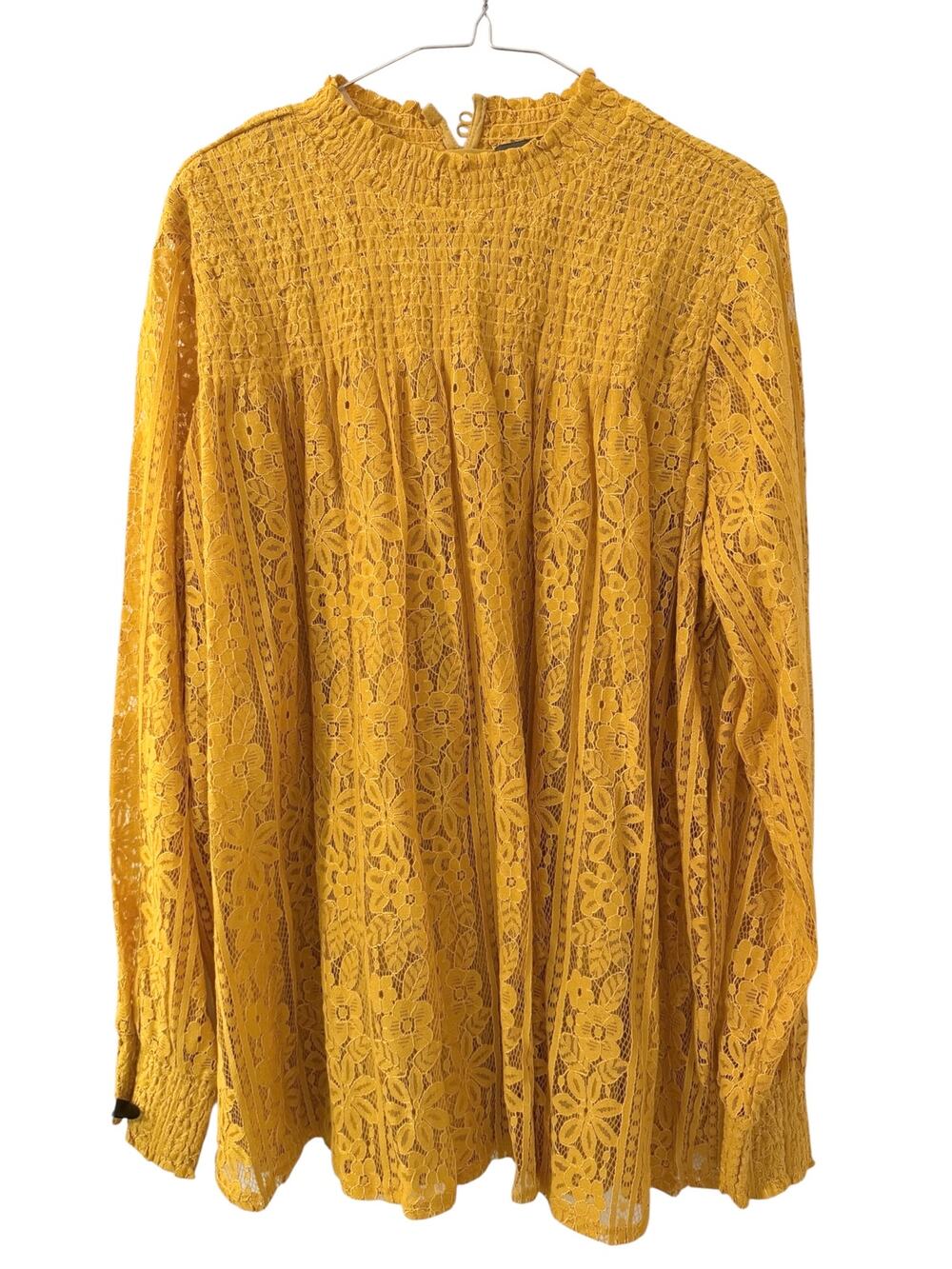 Kate Mallory 1X Mustard Lace Blouse Smocked Mock Neck Boho Romantic Cottagecore